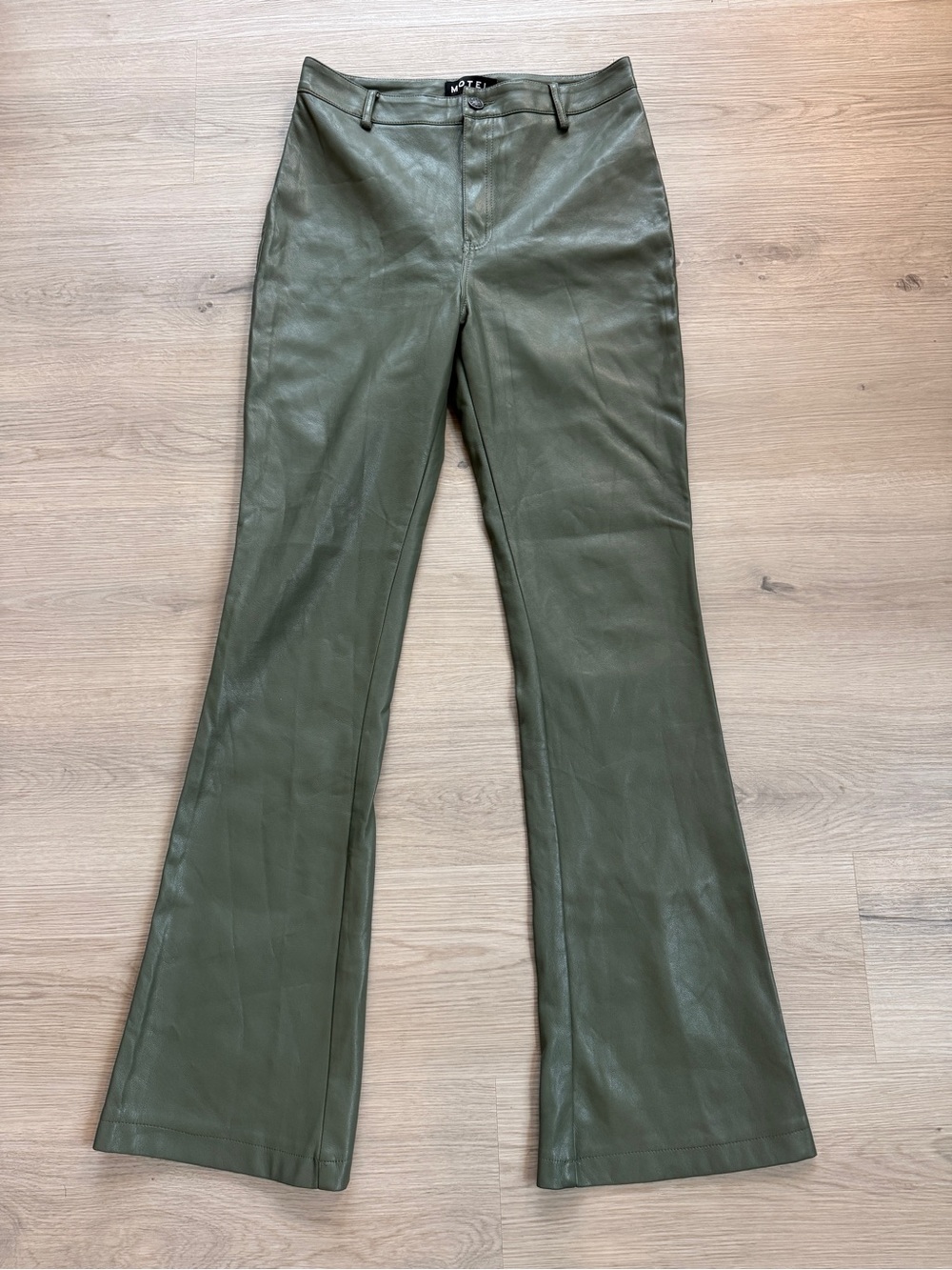Motel Rocks Zoven Green Faux Leather High-Waisted Flare Pants Women’s Small